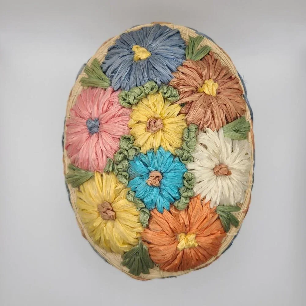Vintage Handmade Woven Basket with Lid and Raffia Floral Embroidery